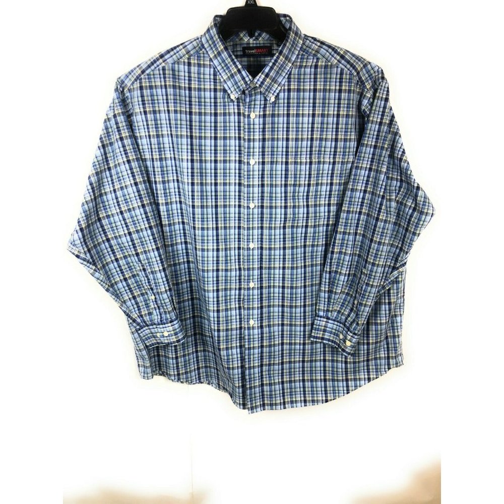 TravelSmart Roundtree Men's 3XB Blue Yellow  Check Long Sleeve Cotton Shirt A4